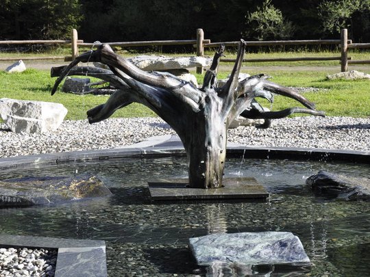 Accommodation in St. Jakob in Defereggental: healing water Fountain with tree trunk centerpiece and water in a park